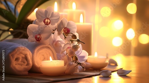 Spa still life with aromatic candles,orchid flower and towel. : Generative AI