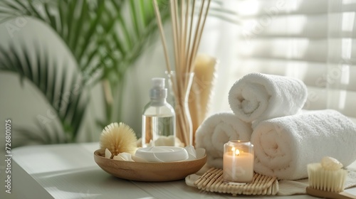 Spa accessory composition set in day spa hotel   beauty wellness center . Spa product are placed in luxury spa resort room   ready for massage therapy from professional service .   Generative AI
