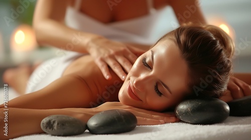 Woman getting exotic spa massage with hot stones. Happy, relaxed young woman lying on spa bed while professional masseuse is putting hot stones on her back. Spa treatment, body relaxat : Generative AI