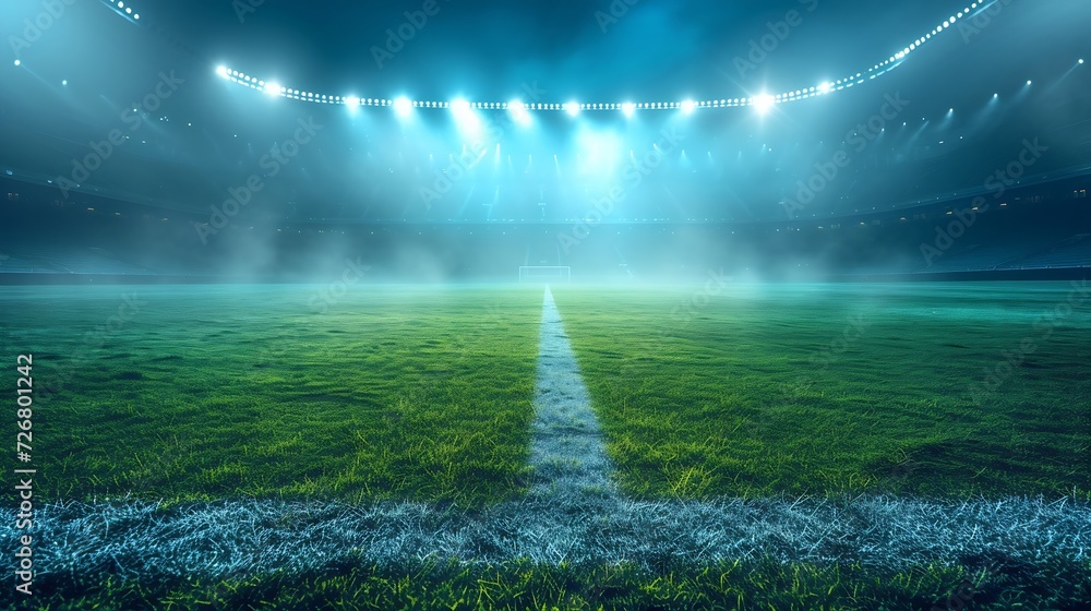 Sports stadium with a lights background, Textured soccer game field with spotlights fog midfield Concept of sport, competition, winning, action, empty area for championships, studio ro : Generative AI - obrazy, fototapety, plakaty 