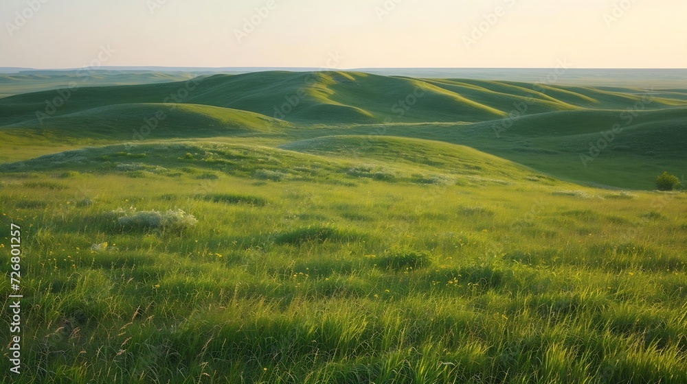 Lush green grass on field and hill, grasslands national park, val marie, saskatchewan, canada : Generative AI