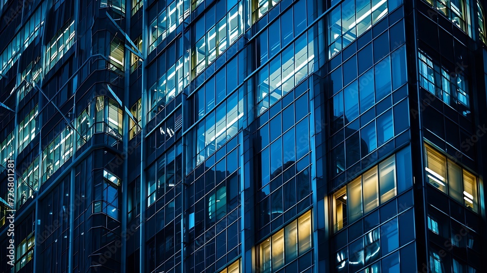 Pattern of office buildings windows illuminated at night. Glass architecture ,corporate building at night - business concept. Blue graphic filter. : Generative AI - obrazy, fototapety, plakaty 
