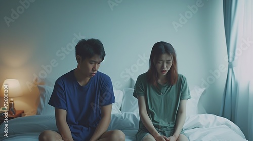 marriage problem relationship difficulties concept - asian young couple sitting separately on bed are sad after having argument and angry conflict : Generative AI photo