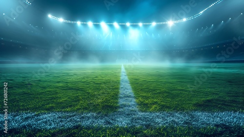 Sports stadium with a lights background, Textured soccer game field with spotlights fog midfield Concept of sport, competition, winning, action, empty area for championships, studio ro : Generative AI photo