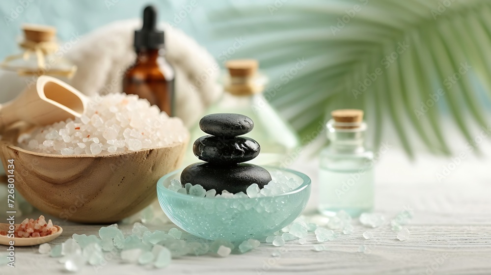 beauty treatment items for spa procedures on white wooden table. massage stones, essential oils and sea salt. copy space : Generative AI beauty treatment items for spa procedures on white wooden table. massage stones, essential oils and sea salt. copy space : Generative AI