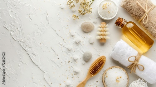 Spa treatment concept. Natural spa products, sea salt, sea stone, massage brush, towel on white textured background from above. Spa background with a space for a text, flat lay, top vi : Generative AI
