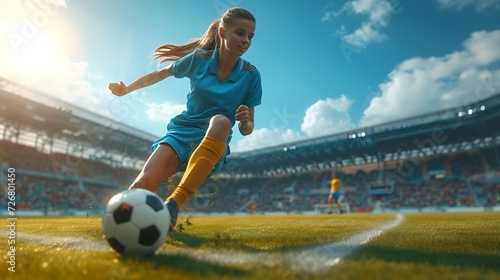 Young female soccer player kicking ball in a stadium : Generative AI