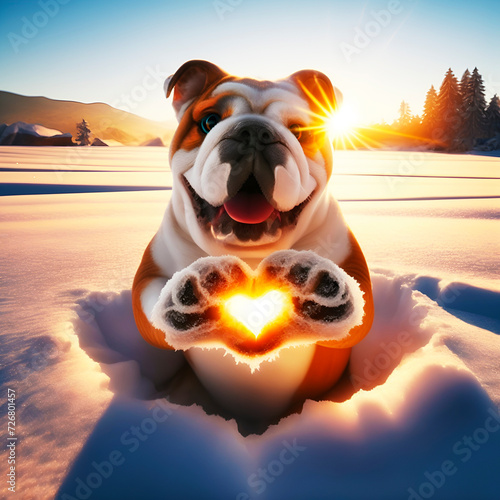 A cute bulldog is showing a hand heart, background is sunrise and snow field, lovely doggy, smiling bulldog photo