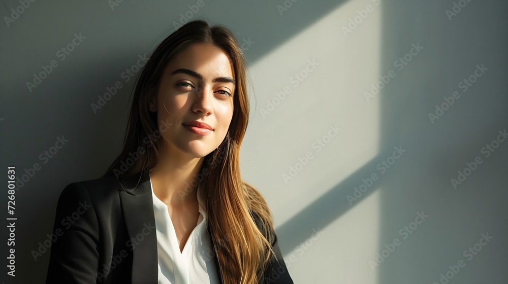 Image of happy young business woman posing isolated over grey wall background. : Generative AI Image of happy young business woman posing isolated over grey wall background. : Generative AI