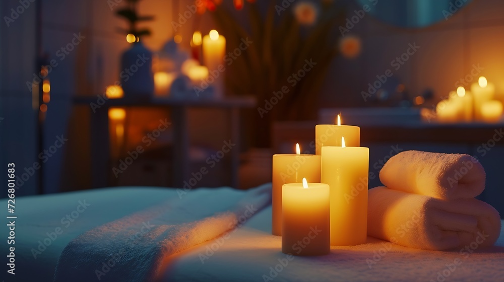 Interior of modern massage room with burning candles and lights. Wellness center, oriental therapy salon with spa supplies. Wellness, beauty, body treatment and care concept : Generative AI Interior of modern massage room with burning candles and lights. Wellness center, oriental therapy salon with spa supplies. Wellness, beauty, body treatment and care concept : Generative AI