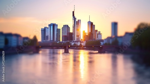 Blurred view of Frankfurt am Main skyline and river.   Generative AI