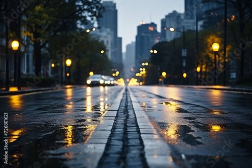 Wet road after rain in city in overcast weather. © Jminka
