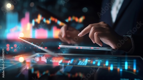 Businessman using tablet analyzing sales data and economic growth graph chart and block chain technology on global network on dark background. : Generative AI