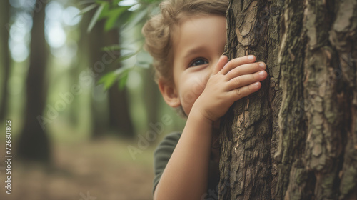Young child hugging tree celebrating Earth Day by living sustainably. Tree hugger. AI generated photo