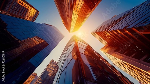 Bottom view of modern skyscrapers in business district in evening light at sunset with lens flare filter effect : Generative AI