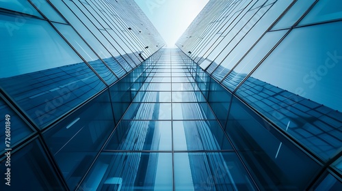 Wide angle abstract background view of steel light blue high rise commercial building skyscraper made of glass exterior. concept of successful industrial architecture and office center : Generative AI