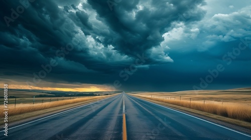 Storm clouds gather over a road that leads into the distance, creating a very dramatic landscape North Dakota, United States of America : Generative AI