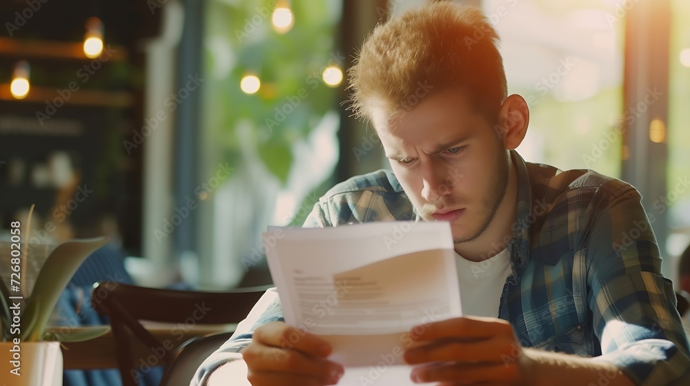 Confused frustrated young man reading letter in cafe, debt notification, bad financial report, money problem, money problem, upset student receiving bad news, unsuccessful exam or test : Generative AI Confused frustrated young man reading letter in cafe, debt notification, bad financial report, money problem, money problem, upset student receiving bad news, unsuccessful exam or test : Generative AI