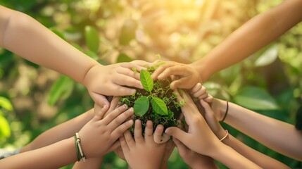 World environment day with global community teamwork, CSR and ESG environmental energy saving collaboration of young children hands stack together on green background for sustainable d : Generative AI