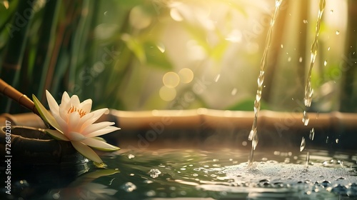 Spa still life with bamboo fountain and lotus : Generative AI photo