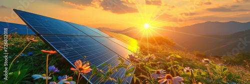 solar panels in a sunny field with flowers,solar energy building panel future electric engineer technology ecology sunset nature station  photo