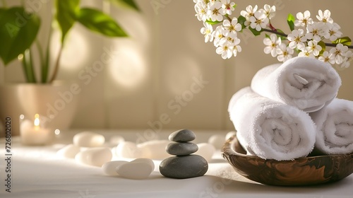 Composition with towels  flowers and stones on massage table in spa salon. Space for text   Generative AI