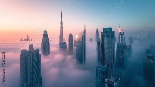 Mega tall skyscrapers of Dubai covered in early morning think fog. Rare aerial perspective. : Generative AI photo