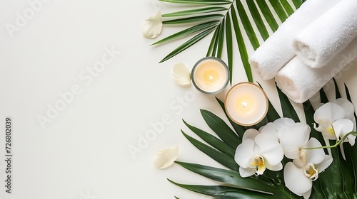 wellness and spa composition with towels, candle, tropical leaves and orchid flowers on white background. top view. copy space : Generative AI photo