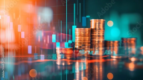 Double exposure image of coin stacks on technology financial graph background.Economy trends background for business ,financial meltdown ,Cryptocurrency digital economy. : Generative AI