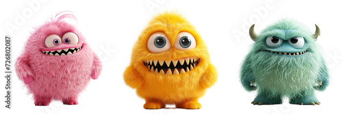 Cute pink  yellow and green funny monster isolated on transparent background png. Fairy tale concept.