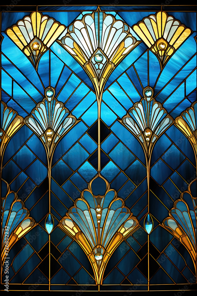 Geometric Art Deco style stained glass window in many shades of blue.