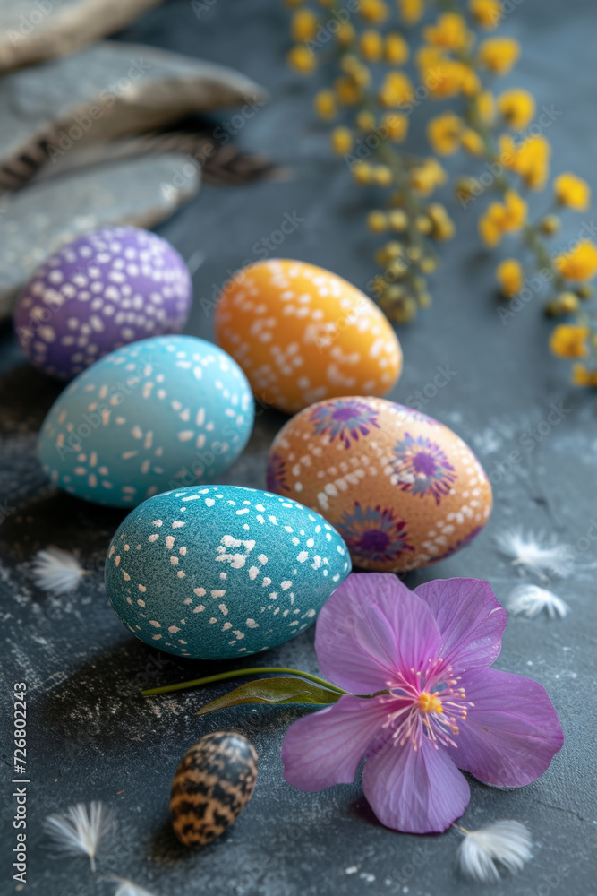 Easter greeting card with colorful eggs on a gray background. Happy Easter and Spring Holidays
