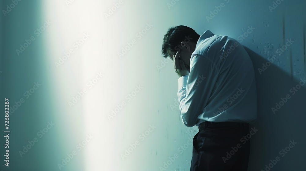 Upset businessman banging his head against wall in despair looks stressed having problems at work, bankruptcy, business failure unsuccessful negotiations, project loss, failed job inte : Generative AI