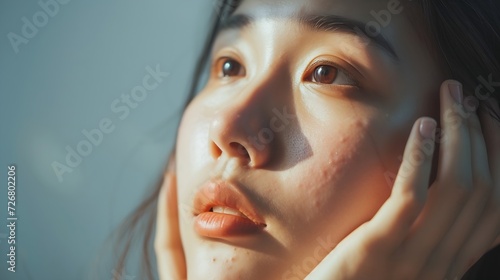 Dermatology, expression face worry, stressed asian young woman hand touching facial at dark spot of melasma, freckles from pigment melanin, allergy sun. Beauty care, skin problem treat : Generative AI