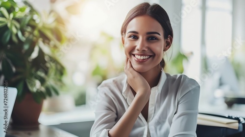 Smiling woman sitting at her desk in office. Happy business woman sitting in office with fingers touching her chin. : Generative AI