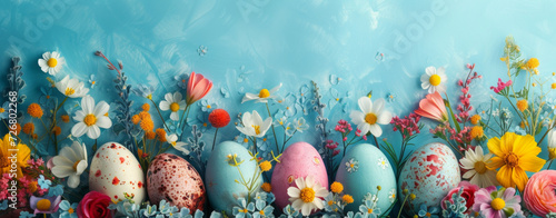 Colorful Easter eggs in bright soft pastel colors. Happy Easter and spring holidays concept. Copy space. photo