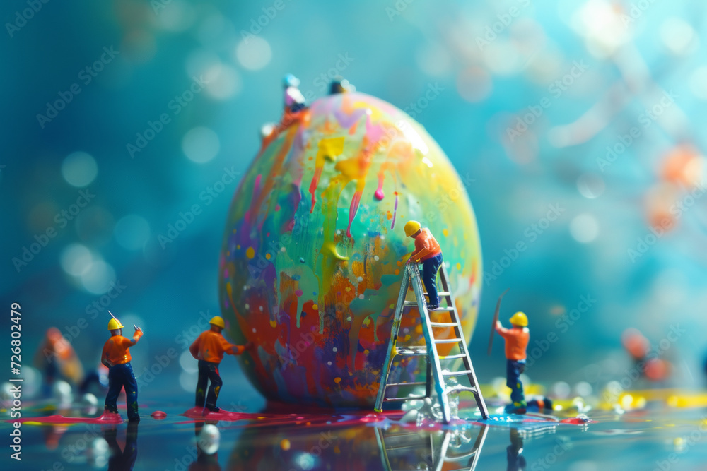 Creative Easter composition with little workers painting an egg. Easter holiday greeting card in a fun style.