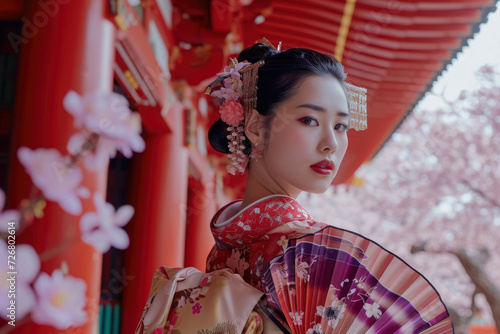 model wearing a kimono and a fan in a temple with a cherry blossom