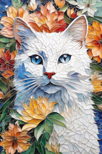 Watercolor floral white cat with flower bouquet illustration, mosaic art. Can be used for prints, posters, patterns, stickers, decorations. Green and pink colors