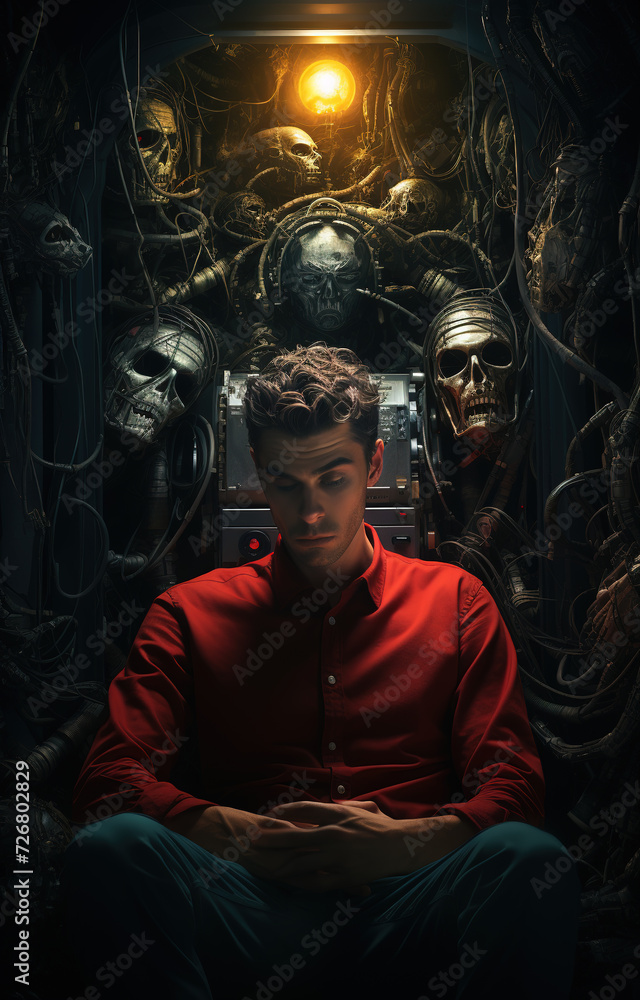 A man is sitting on a chair surrounded by robots A man is sitting on a chair surrounded by robots