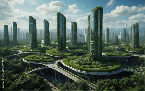 Urban Oasis. Futuristic Cityscape Blends Skyscrapers with Lush Green Forest