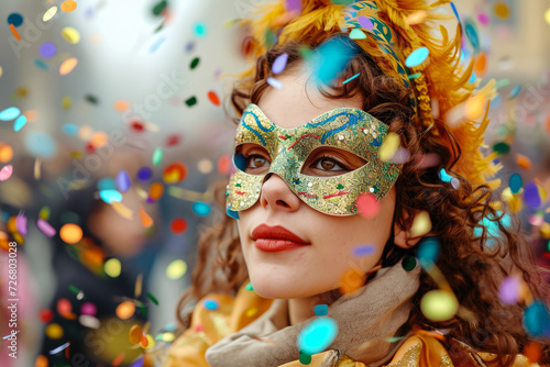 model wearing a mask and a costume in a carnival with a confetti © mila103