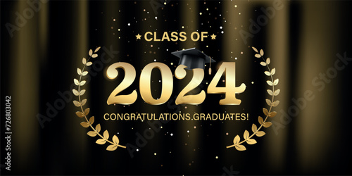 Vector illustration. Class of 2024 badge design template in black and gold colors. Congratulations graduates 2024 banner sticker card with academic hat for high school or college graduation