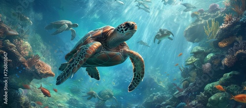Magnificent sea turtles gracefully swim within a serene tropical sea amidst other wild marine creatures in their natural habitat.