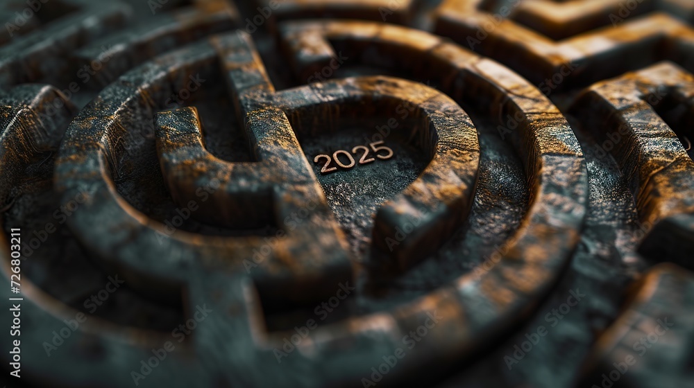 An intricate labyrinth with the word "2025" cleverly placed in the center. Labyrinth represents