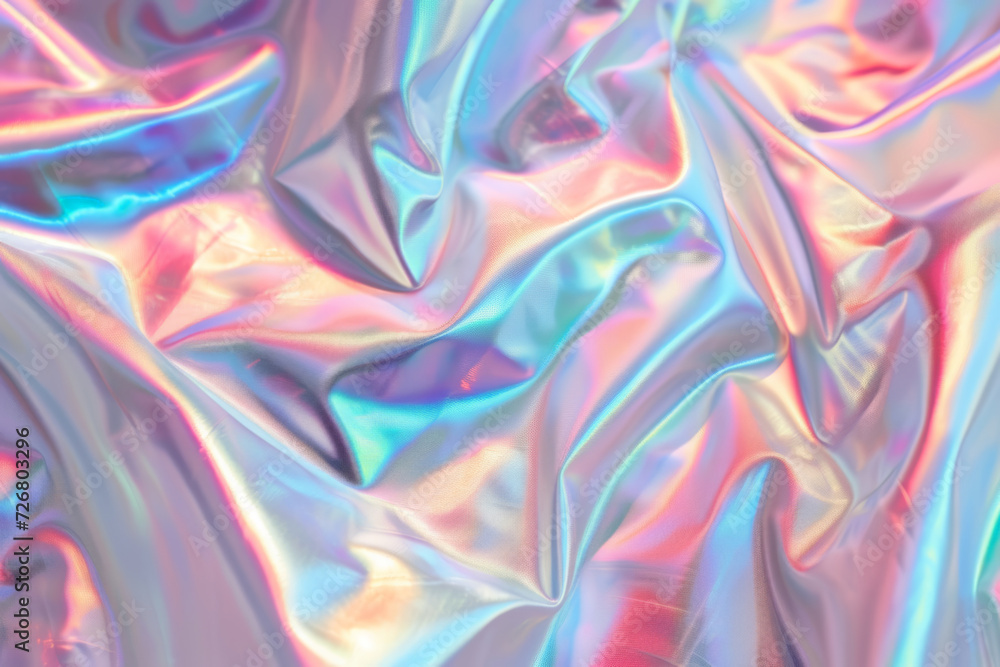 A close-up of a colorful, shimmering surface with a metallic and silky texture in a fluid pattern.