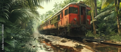 Поезд. Поезд на большой скорости едет через джунгли. Генеративный ИИ. Железная дорога. Река