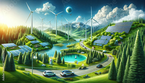 Dynamic green energy with wind turbines on a hill, solar panels beside a lake, and electric vehicles in a forest. Sustainable development and the positive impact of renewable energy. Generative AI