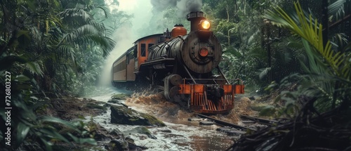 Поезд. Поезд на большой скорости едет через джунгли. Генеративный ИИ. Железная дорога. Река