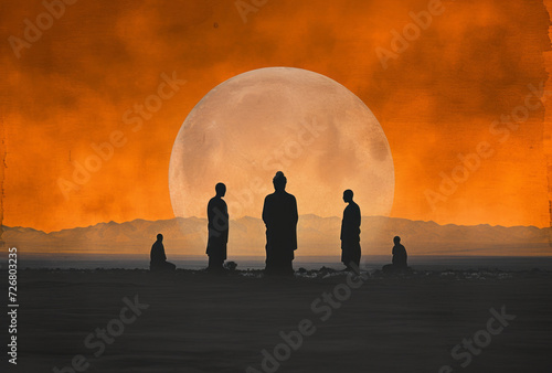 A religious silhouette of people praying in the desert in a style that features orange and black colors, digitally enhanced, with character studies, in a consumer culture context. photo